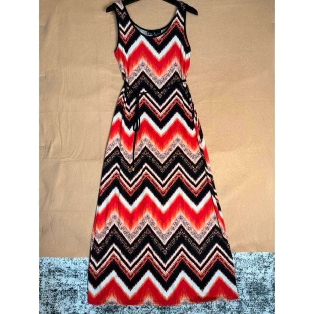 Ellen Parker Women's L Maxi Dress Chevron Sleeveless Belted Coral Black White